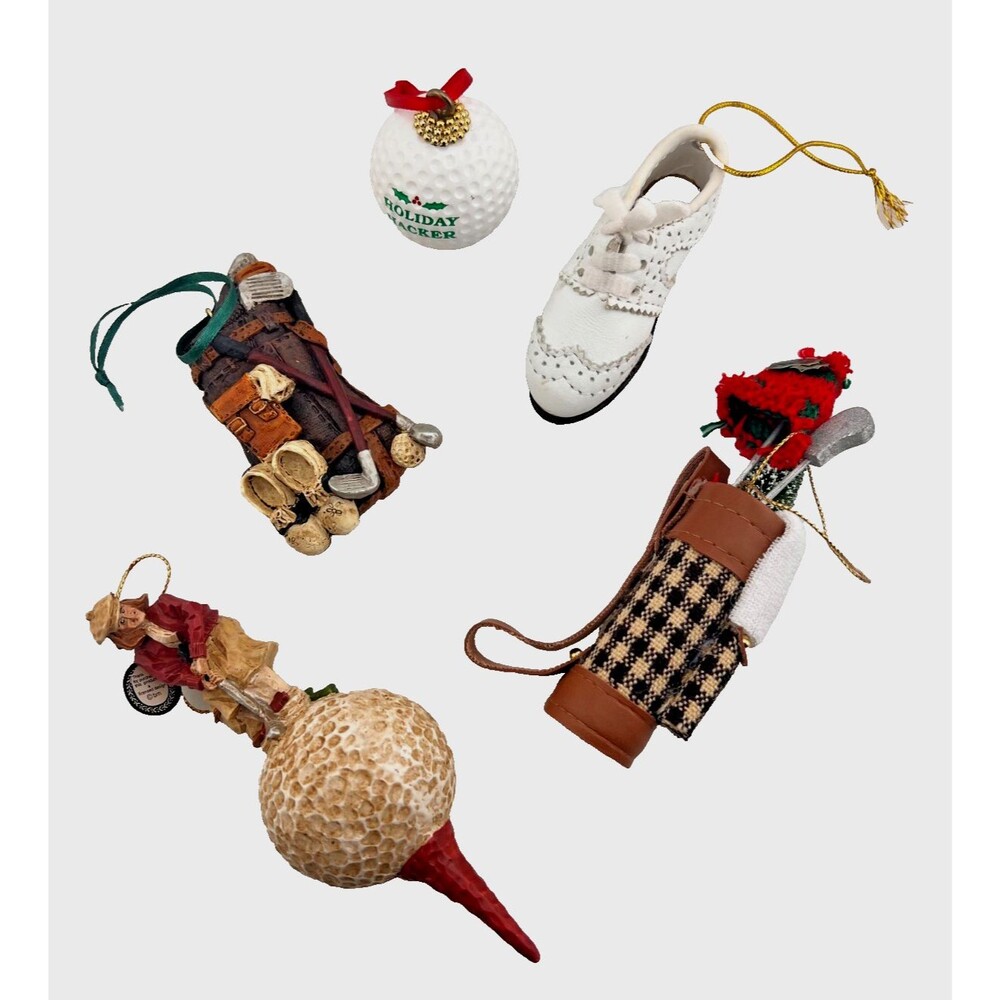GOLF Themed LOT of 5 Christmas Tree Ornaments Clubs Balls Shoe Lady Holiday Vtg